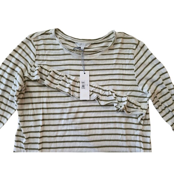 Lucky Brand Women’s Striped Ruffle Top Size S New With Tags Green White Cotton - Picture 2 of 10